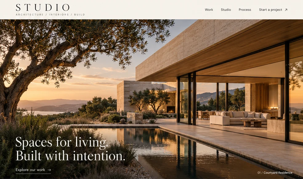 Original architecture website concept with an editorial layout and illustrative stone-and-timber courtyard home