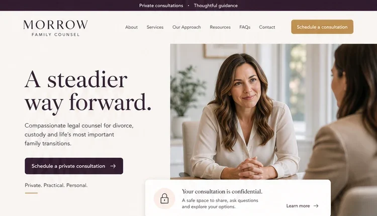 Morrow Family Counsel fictional law firm website concept with warm ivory styling and an illustrative consultation