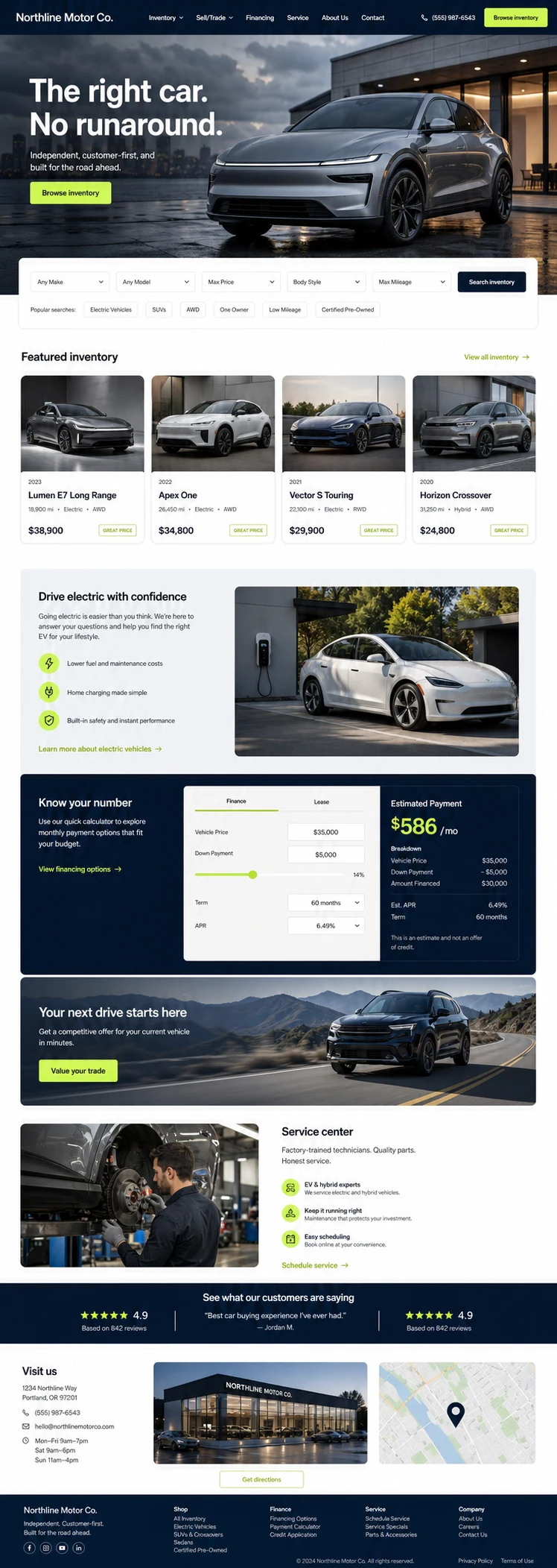 Full homepage concept for Northline Motor Company, a modern car dealership
