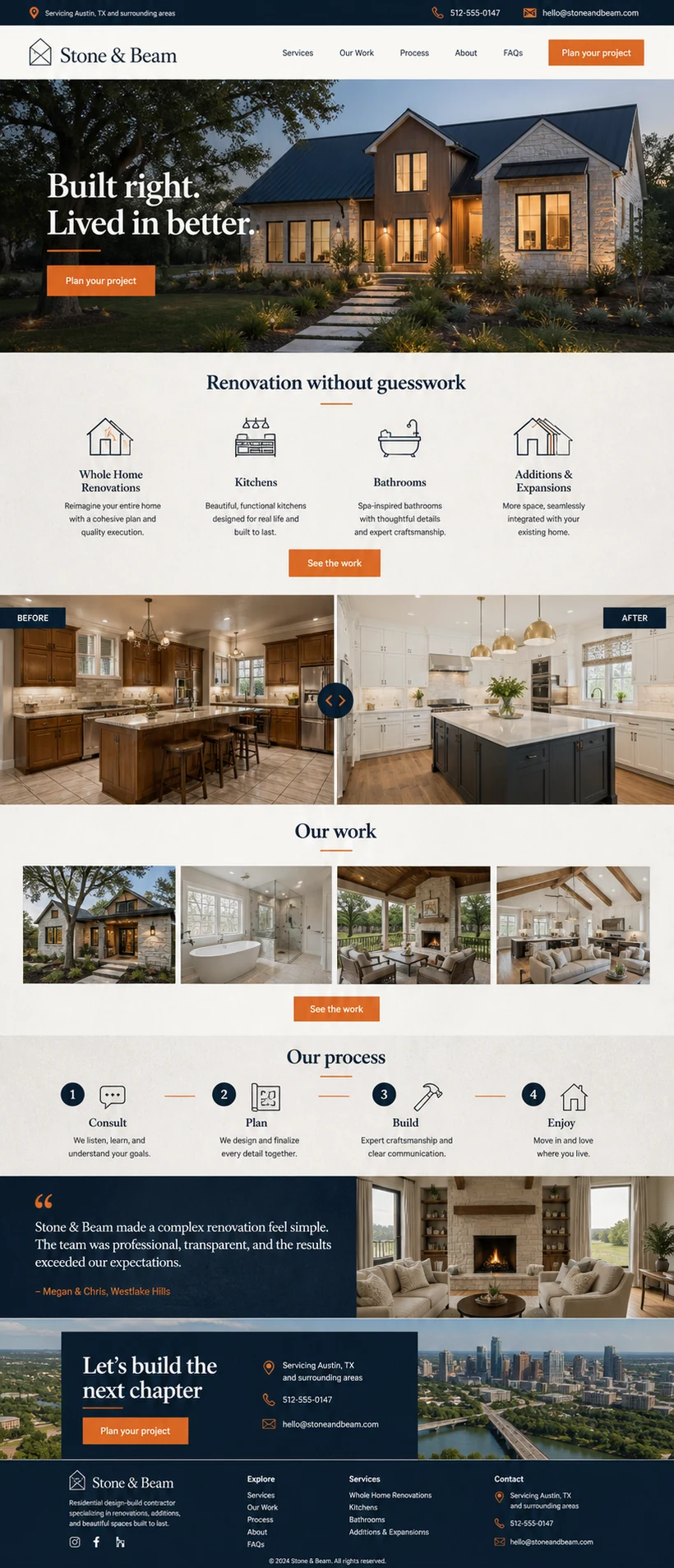 Full homepage concept for Stone and Beam, a residential design-build contractor