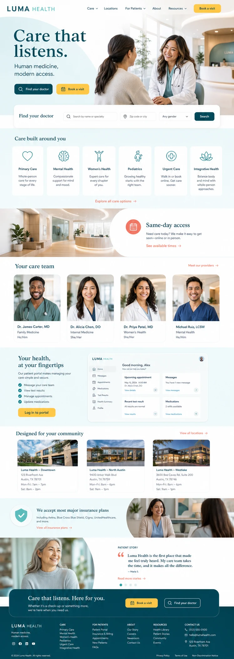 Full homepage concept for Luma Health, a modern multidisciplinary care group