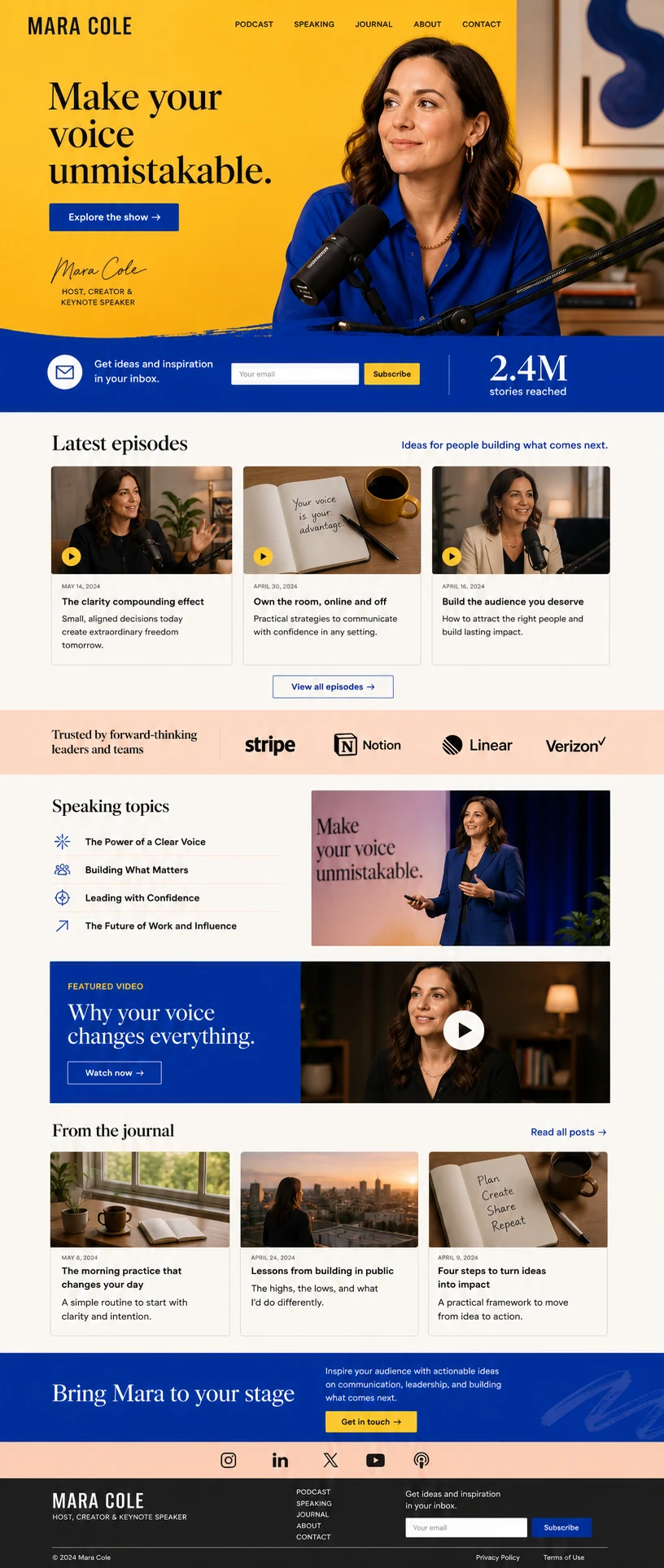 Full homepage concept for Mara Cole, a creator, podcast host, and speaker