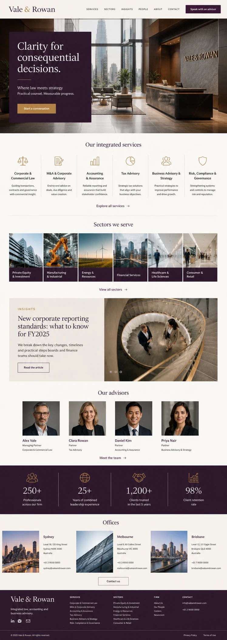 Full homepage concept for Vale and Rowan, a law and business advisory firm