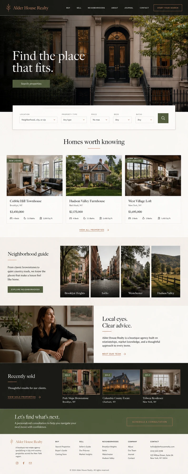 Full homepage concept for Alder House Realty, a boutique real-estate agency
