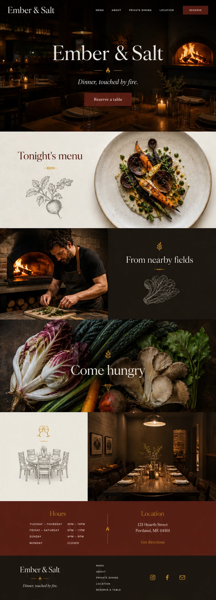 Full homepage concept for Ember and Salt, a wood-fired restaurant