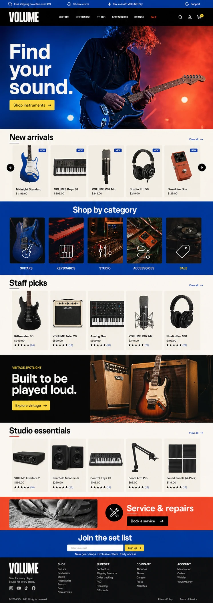 Full homepage concept for Volume, a contemporary music and instrument shop
