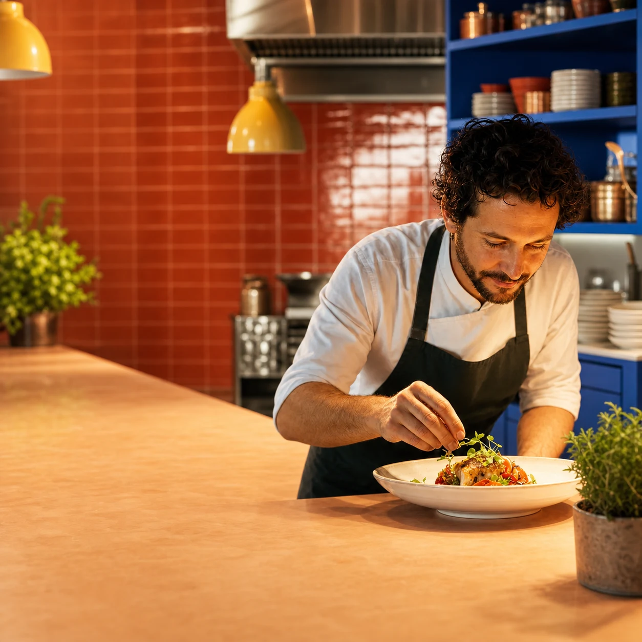 Restaurant website concept featuring a chef plating dinner