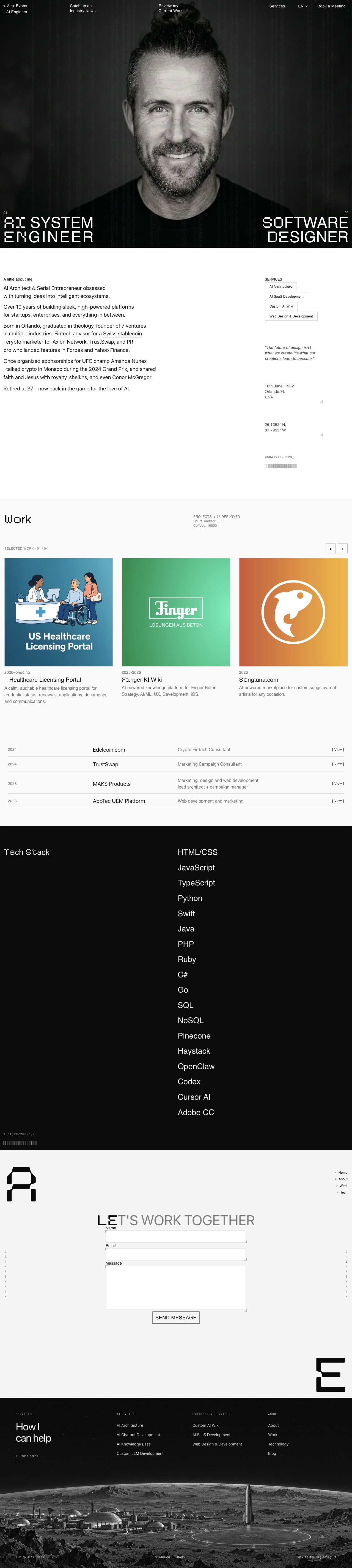 Full-page preview of alexevans.io, featuring Alex Evans’s interactive portrait hero, selected work, technology stack, and lunar footer