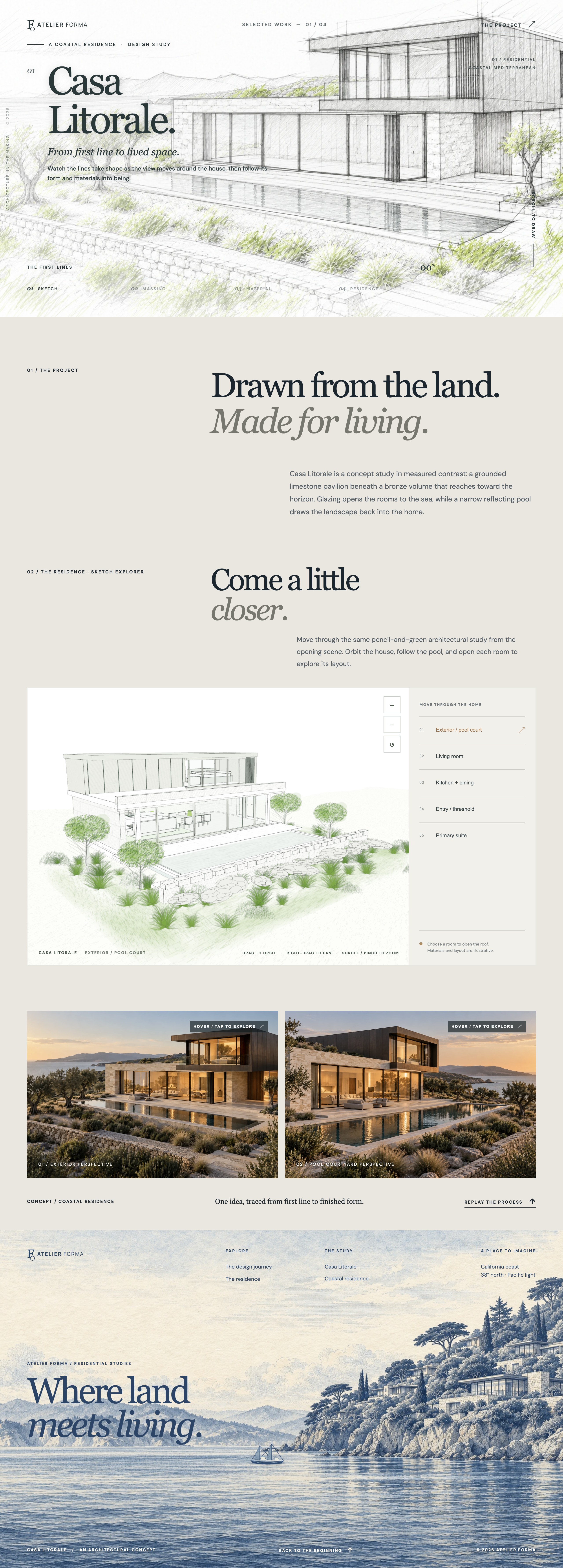 Full-page preview of Casa Litorale by Atelier Forma, featuring the coastal residence sketch, design story, residence explorer, and illustrated waterfront footer