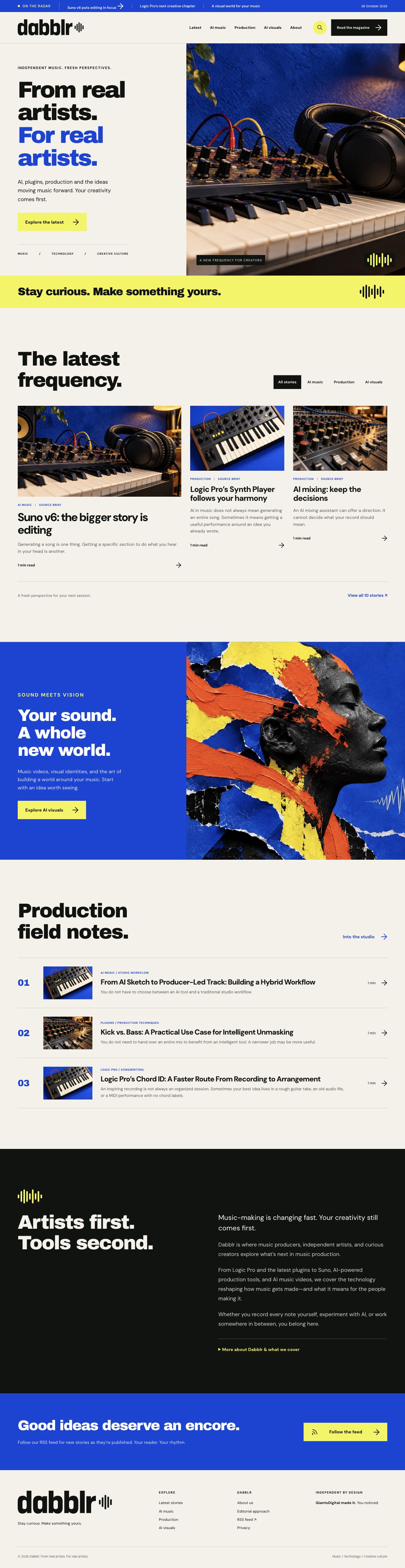 Full-page preview of Dabblr.io, an independent magazine covering AI music, production tools, and creative culture
