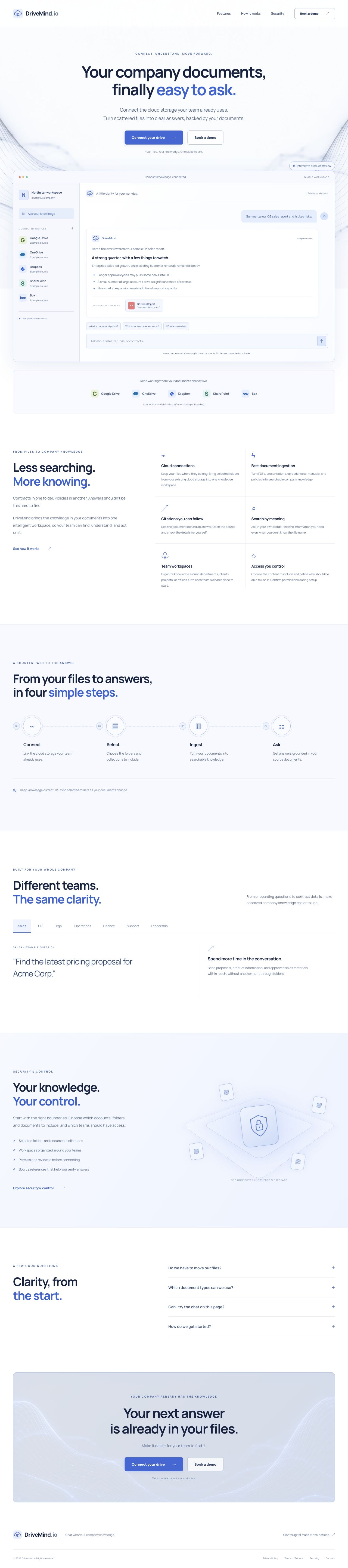 Full-page light-mode preview of DriveMind.io, featuring company document search, cited answers, team workspaces, and guided setup