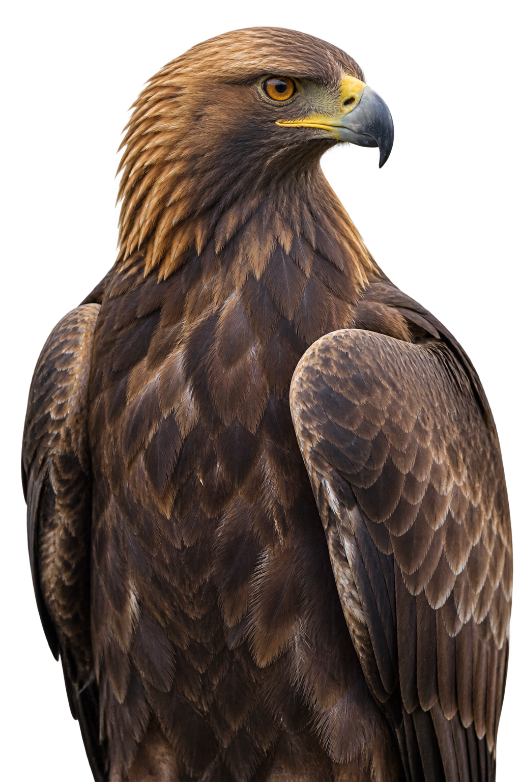 Golden eagle with an amber eye and layered brown and gold feathers