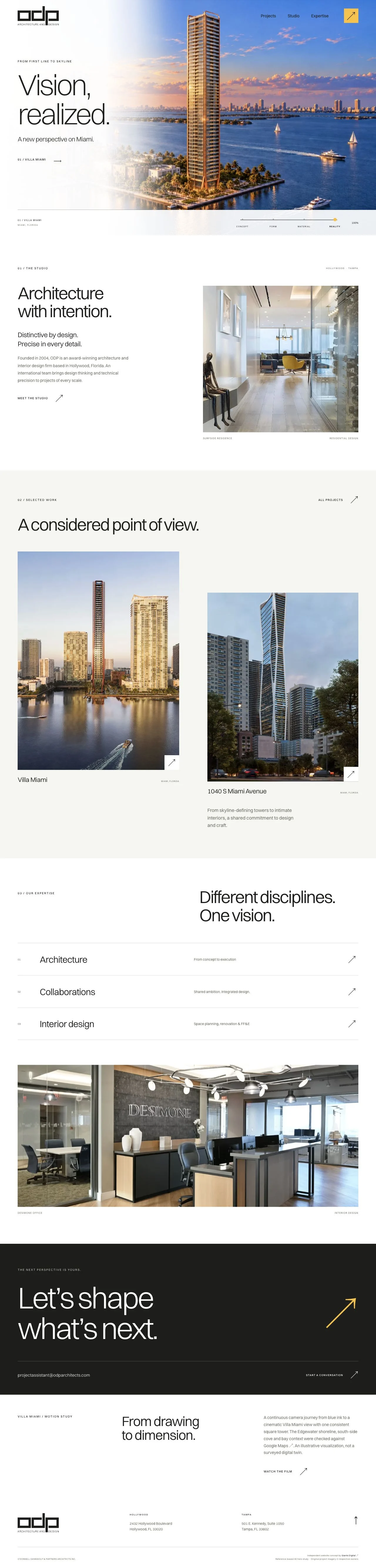 ODP architecture website concept, featuring the Villa Miami skyscraper, selected projects and architectural interiors