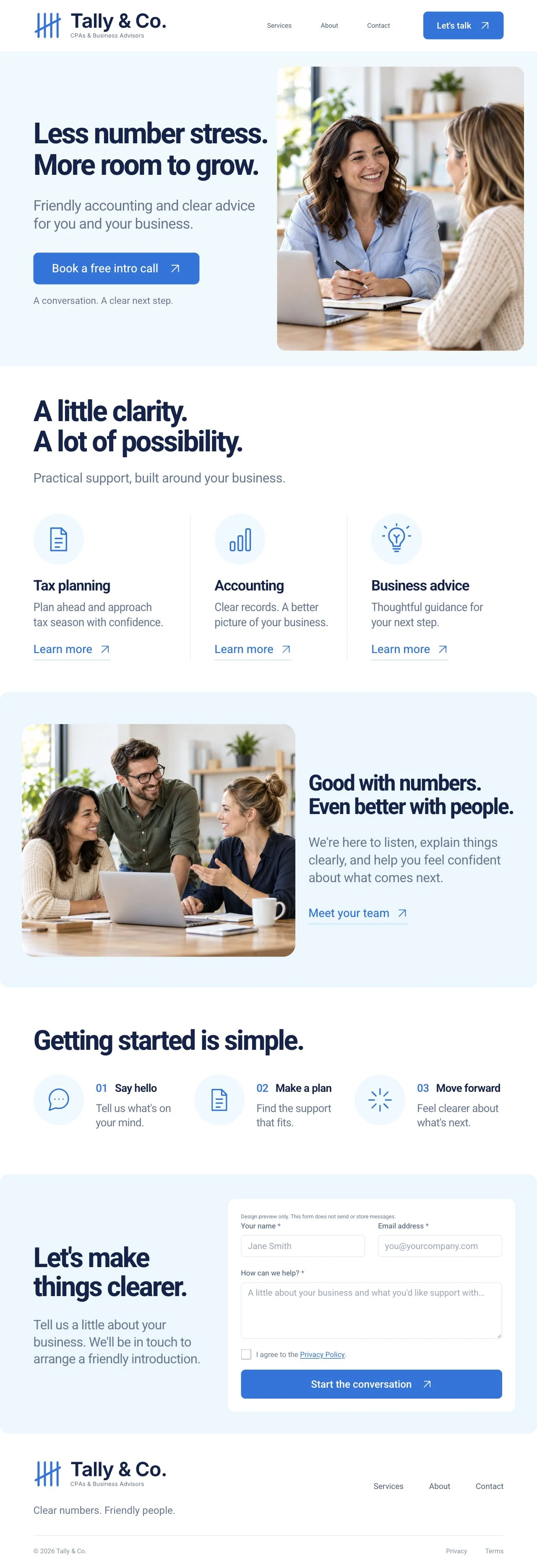 Preview of Tally and Co., a welcoming blue and white CPA website with a natural photograph, clear services and a simple contact form