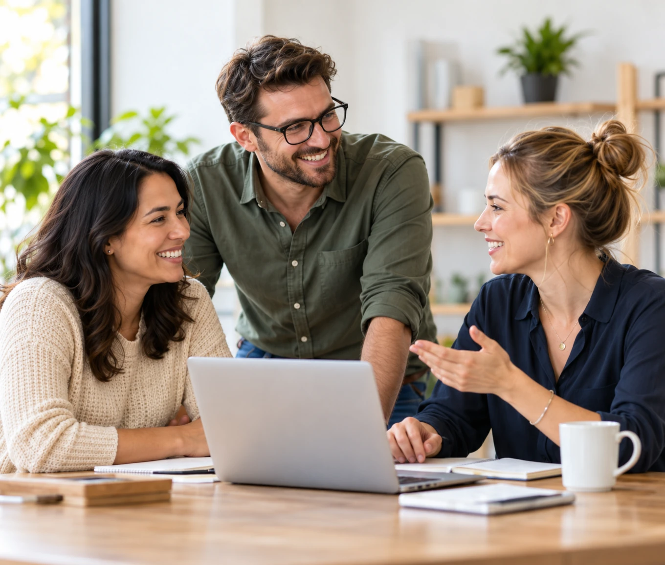 Three colleagues working together, with natural expressions and skin texture